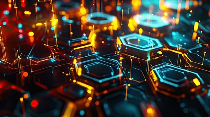 Poster - Hexagonal abstract tech background with vibrant glowing hexagons interconnected, evoking high-tech communication design.
