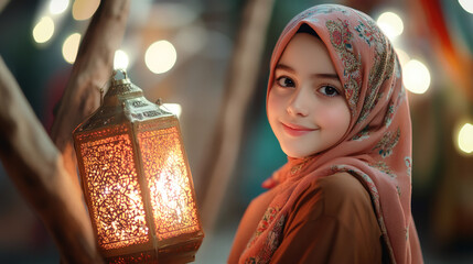 Poster - Young muslim girl wearing a hijab, smiling and holding a traditional lantern during the holy month of ramadan, with bokeh lights in the backdrop
