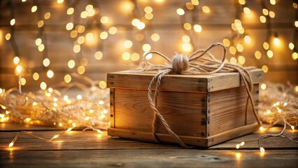 Aufkleber - Rustic Wooden Gift Box Adorned with Twine, Illuminated by Warm String Lights on a Wooden Surface
