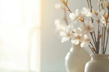 Wall Mural - Flowers in a vase capture the serene beauty of spring sunlight in a cozy indoor setting