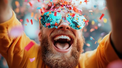 A bearded man wearing reflective sunglasses celebrates joyfully surrounded by vibrant confetti, epitomizing a lively and festive spirit of happiness and fun.