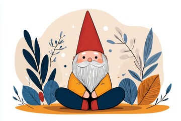 Poster - A simple geometric illustration of a gnome statue surrounded by clean, symmetrical plant shapes, drawn in soft pastel shades