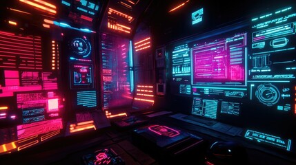 Poster - Neon-lit virtual interface with encryption keys and cyber security elements in a synthwave-inspired tech world.