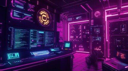 Poster - Neon-lit virtual interface with encryption keys and cyber security elements in a synthwave-inspired tech world.