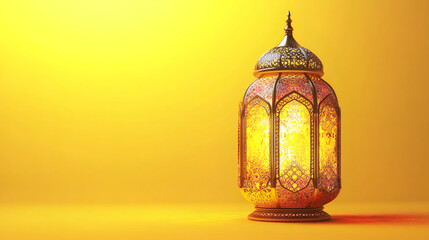 Poster - Ornate golden lantern glowing warmly against a vibrant yellow backdrop, symbolizing the spirit of ramadan