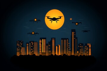 Aufkleber - A simple silhouette of a futuristic city with flying cars and glowing elements on a dark background