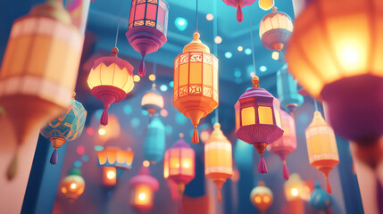 Poster - Vibrant lanterns light up ramadan evenings, fostering a joyous ambiance of unity and contemplation