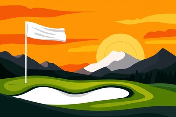 Aufkleber - A sleek vector illustration of a golf flag blowing in the wind on a simplified green, using bold geometric shapes and soft pastel colors