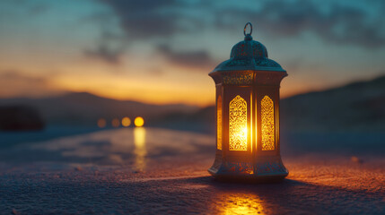Poster - As the sun sets, a beautifully crafted lantern illuminates the desert sand, creating a peaceful and reflective atmosphere during ramadan
