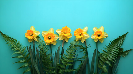 A playful arrangement of yellow daffodils and green fern leaves against a bright teal background celebrating nature