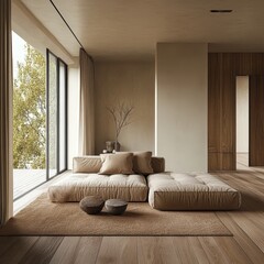 Poster - Cozy Minimalist Living Room With Earth Tones and Natural Light in a Modern Home Setting