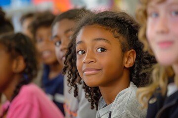 Wall Mural - A group of children are sitting in a classroom, one of whom is smiling