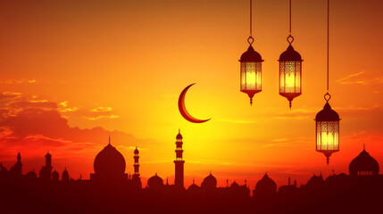 Poster - Elegant lanterns shining in front of a colorful sunset, with a mosque's silhouette in the distance, representing ramadan