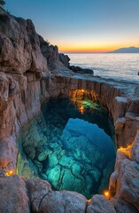 Canvas Print - Cave entrance reveals stunning turquoise waters beneath sunset sky