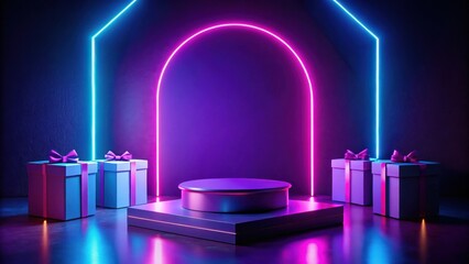 Poster - Neon Lights Showcase Featuring Gift Boxes on a Platform