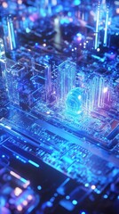 Aufkleber - Futuristic Cityscape With Vibrant Neon Lights and Intricate Circuitry Design Representing Advanced Technology and Digital Innovation