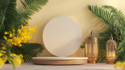 Poster - Wooden podium display with golden lanterns, tropical leaves, and mimosa flowers creating a festive ramadan atmosphere
