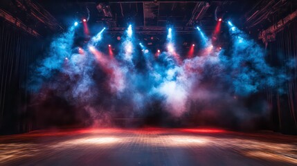 Poster - Empty stage with colorful spotlights and smoke.