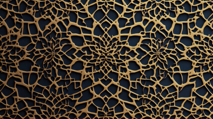 Poster - Ornate golden arabesque pattern forming a complex floral design against a dark backdrop, ideal for ramadan or islamic-themed projects