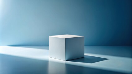 Poster - A simple, minimalist cube on a light blue surface, bathed in soft sunlight creating a shadow.