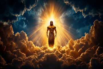 Poster - A whimsical 2D illustration of a god with glowing golden robes, standing on a cloud and gently casting beams of light downwards, drawn on a white canvas