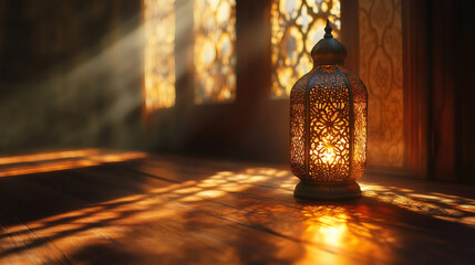 Poster - Intricate metal lantern illuminating a wooden surface, representing the significance of ramadan