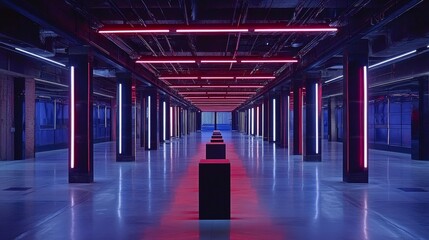 Poster - Neon-lit Hallway Showcases Striking Design With Illuminated Columns and Dark Pedestals in a Modern Industrial Setting