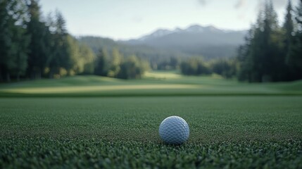 Wall Mural - Golf ball on lush green fairway with mountains in the background during late afternoon sunlight