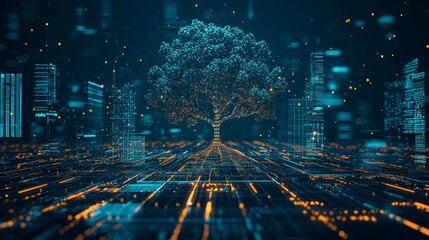 Aufkleber - Digital Tree Thriving Amidst a Futuristic Cityscape Illuminated by Glowing Data Streams and Skyscrapers at Night