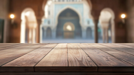 Poster - Wooden table providing space for product placement with a blurred mosque in the background, ideal for ramadan or islamic themed displays