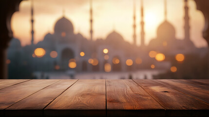 Poster - Wooden table providing ideal space for product placement with mosque silhouette during ramadan celebrations at sunset