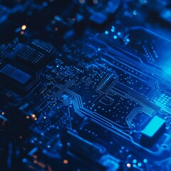 Aufkleber - High-tech Circuit Board Illuminated by Blue Light Showcasing Intricate Connections and Components, Emphasizing Modern Electronic Technology