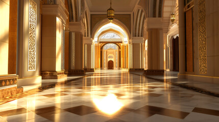 Poster - Sunlight reflecting on marble floor of elegant corridor with arches and golden decorations in a mosque during ramadan