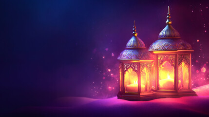 Poster - Two beautifully crafted lanterns cast a gentle light against the evening sky, representing the essence of ramadan