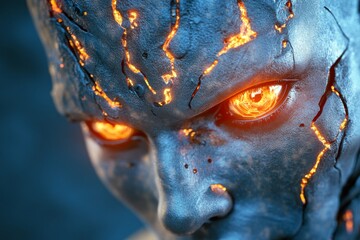 Poster - An ultra-realistic close-up of a god-like face with glowing, otherworldly eyes, intricate details in the skin texture, and a radiant aura surrounding their head