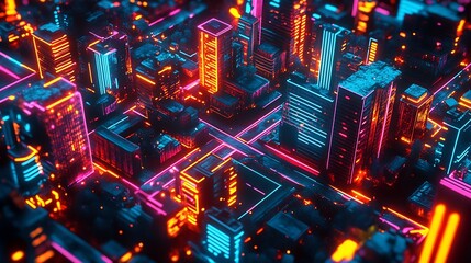 Poster - Futuristic Neon Cityscape at Night with Vibrant and Pulsing Light Effects : Generative AI