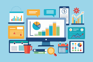 Wall Mural - A desktop computer with a variety of charts and graphs displayed on the screen, along with a notepad and smartphone, all of which show a financial theme.