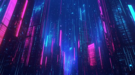 Aufkleber - Vibrant Digital Cityscape With Neon Lights Illuminating Vertical Structures Against a Dark Background