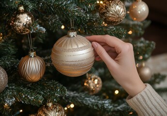 Wall Mural - Decorating a Christmas tree with golden ornaments and festive spirit during the holiday season