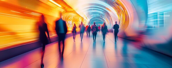 Poster - Abstract Motion Blur of People in a Modern Futuristic Walkway with Bright Neon Colors : Generative AI