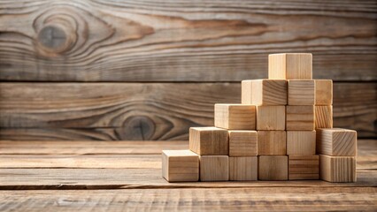 Poster - Wooden blocks arranged in a stair-step pattern on a rustic wooden surface