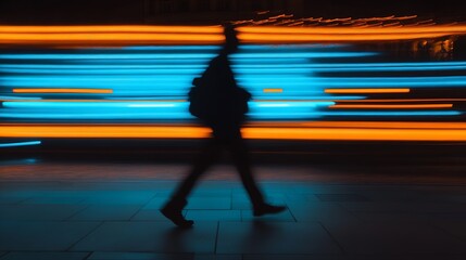 Aufkleber - Dynamic Silhouette of Person Walking Against Vibrant Neon Lights at Night : Generative AI
