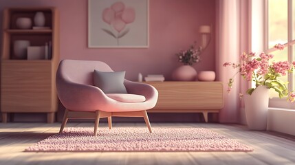 Aufkleber - Elegant Modern Living Room Interior in Pink Tones with Stylish Furniture and Natural Light : Generative AI