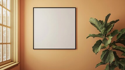 Poster - Minimalistic peach background with blank square frame and green plant for modern interior decor : Generative AI
