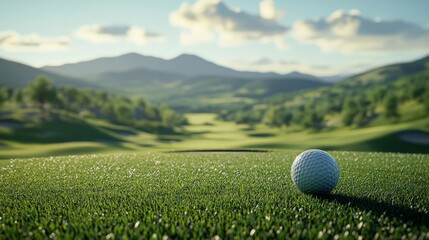 Wall Mural - Golf ball on lush green fairway with mountains in the background during late afternoon sunlight