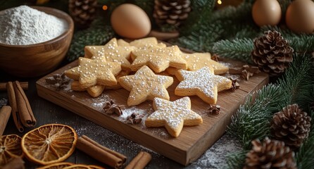 Canvas Print - Holiday baking display with gingerbread cookies and festive decorations on wooden board