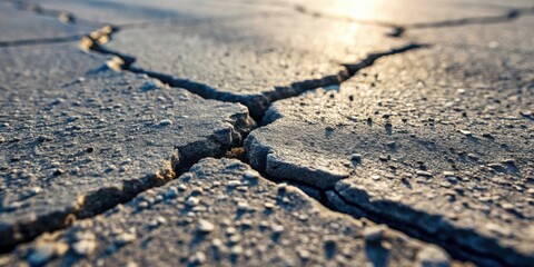 Fototapete - Close-up view of cracked pavement showing textural detail and sunlight