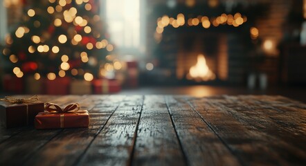 Poster - Christmas setting with decorated trees, golden gift, and cozy fireplace glow