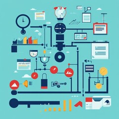 Poster - Creative Infographic Illustrating Various Elements of a Data Management System With Charts, Clocks, and Graphical Representations