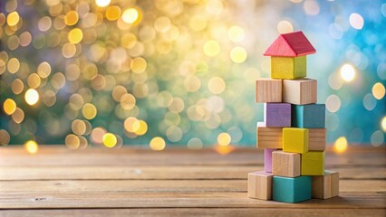 Poster - Colorful Wooden Blocks Forming a House Shape on a Wooden Table Against a Festive Bokeh Background